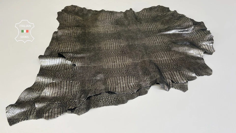METALLIC SILVER TEJUS REPTILE PRINT On Goat Leather 2 skins 9+sqf 0.9mm #B7862 - Image 2 of 4