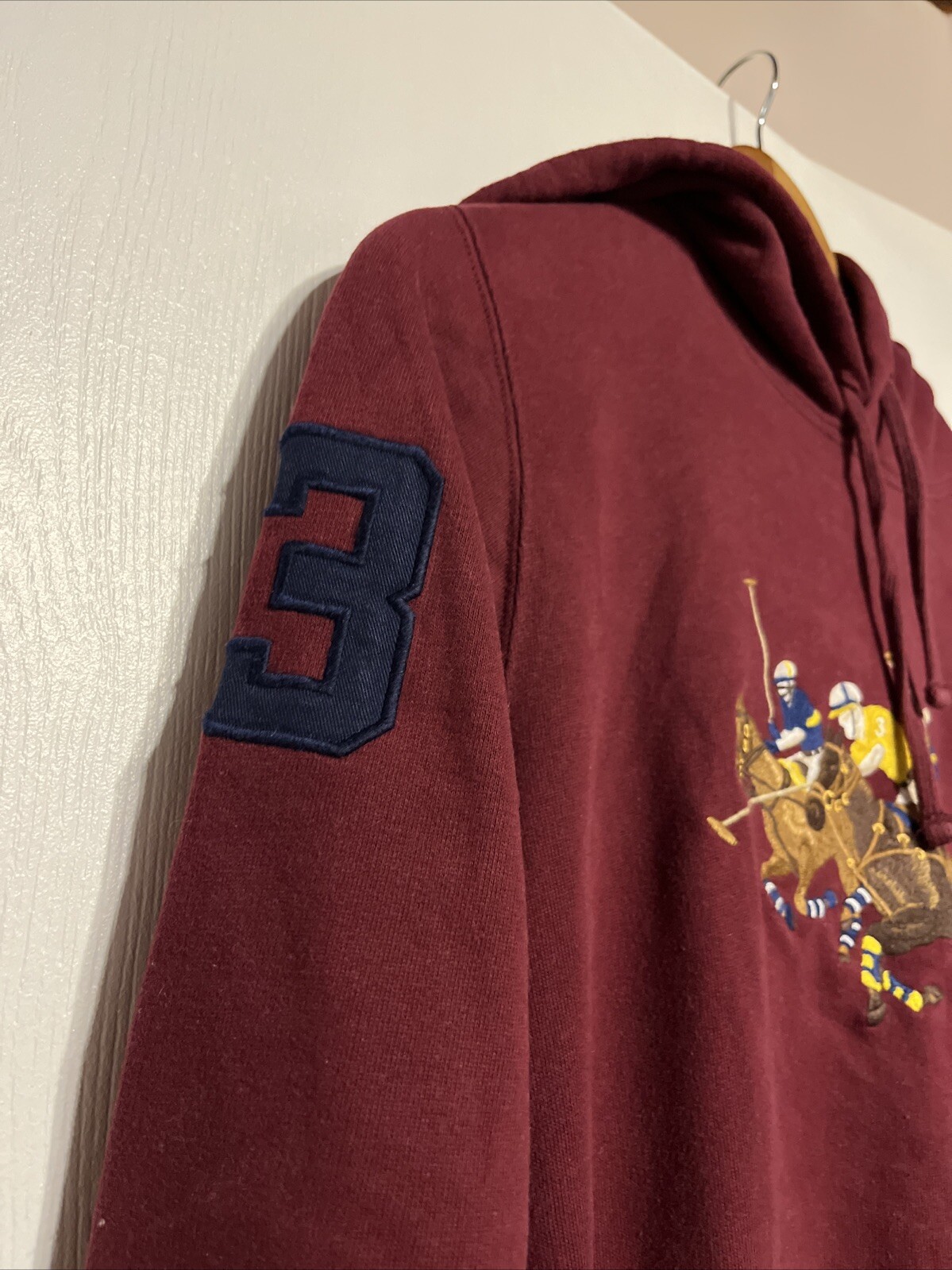 Polo Ralph Lauren Tre Cavalieri Felpa con Cappuccio Gioco Match Big Pony Borgogna Equitazione