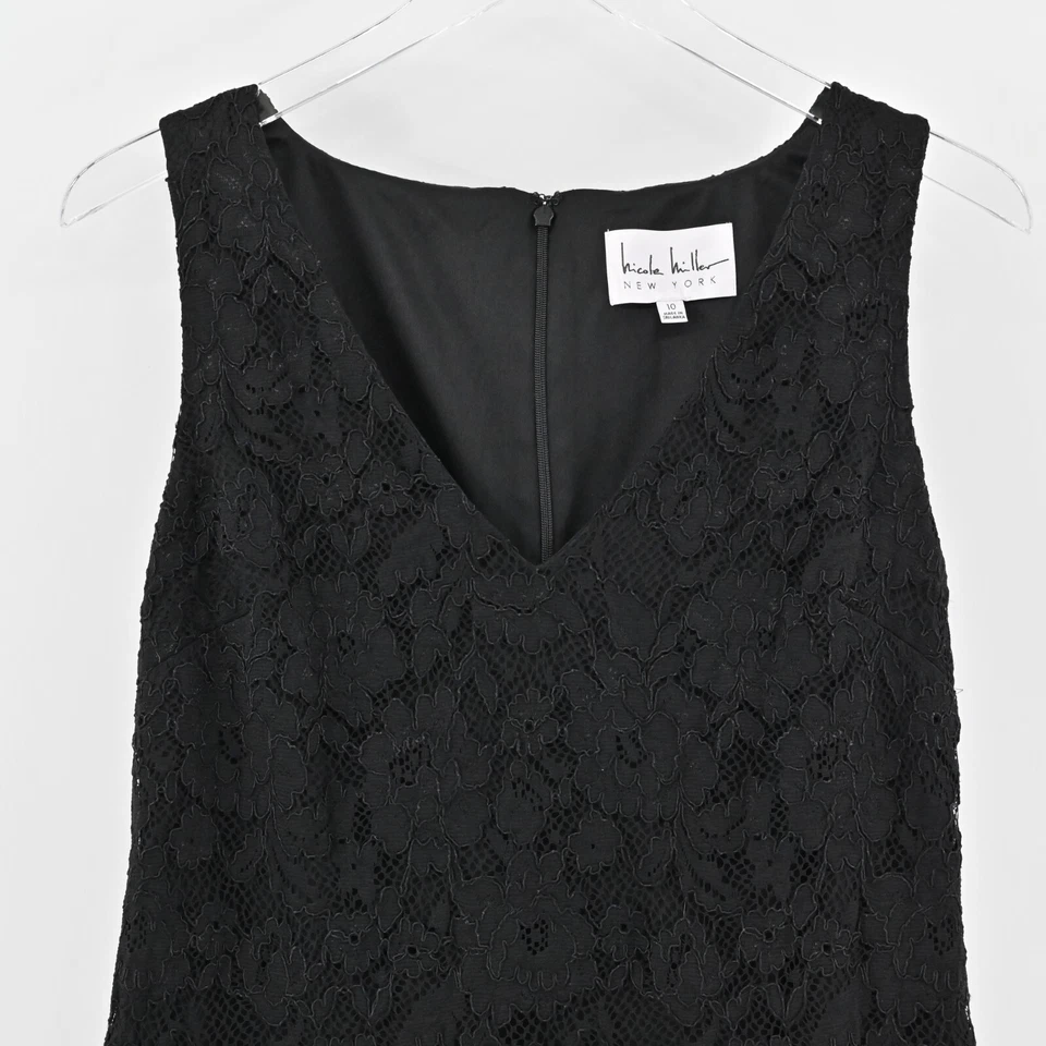 Vestido NICOLE MILLER Talla 10 Negro Borde Pluma Cuello Sin Mangas Encaje Mini Aleta Foto 3 de 4