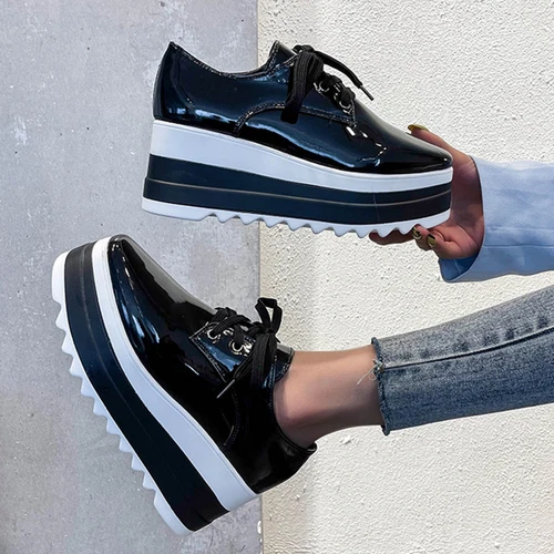 Zapatos informales con cordones de tacón alto de cuña para mujer charol plataforma Creepers - Imagen 8 de 10
