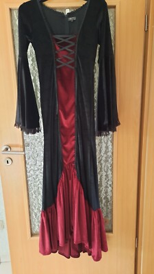  Gothic Samtkleid, Schwarz/Bordeauxrot Größe M, Halloween Vampirin