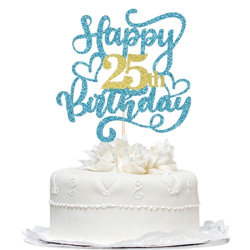 1 PCS Happy 25th Birthday Cake Topper Black Gold Glitter | Cheers to 25 Years...