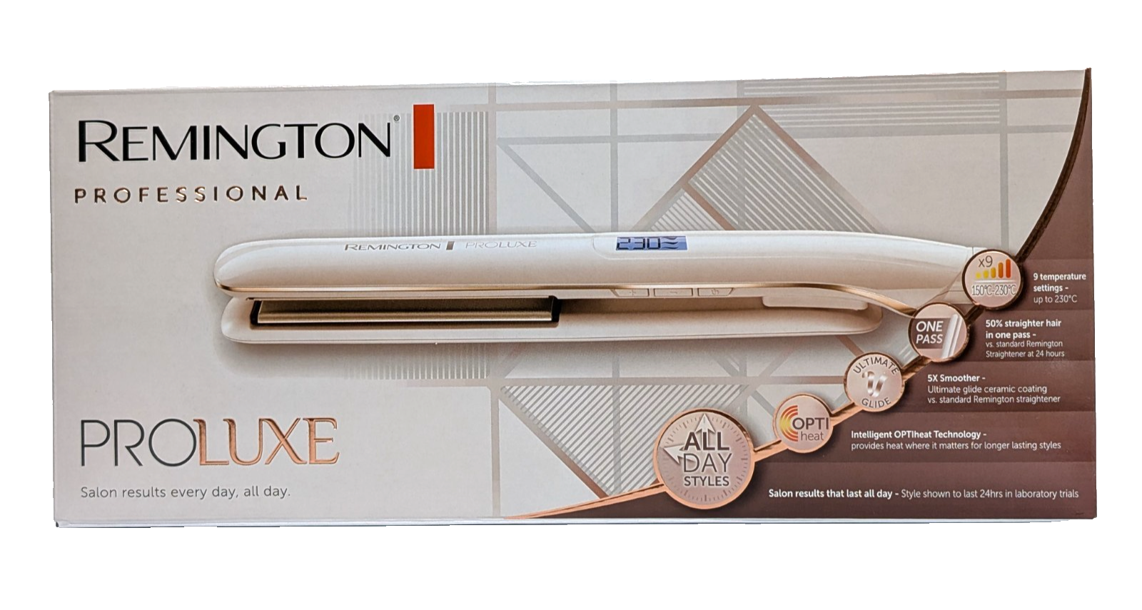 Remington ProLuxe Hair Straightener 9 Heat Settings Ceramic Plates Opti Heat