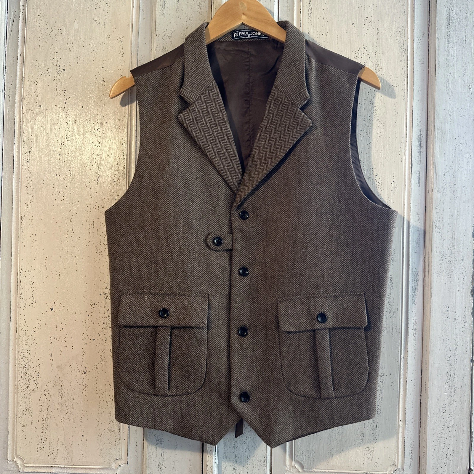 Paul Jones Brown Wool Blend Tweed Vest Herringbone Pockets Mens Granola Outdoors