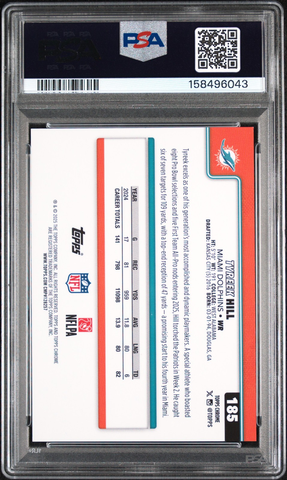 2025 TOPPS CHROME GOLD REFRACTOR #185 TYREEK HILL 10/50 PSA 8 view 2