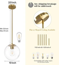 10 Inch Globe Pendant Light Gold Mid Century Pendant Light Adjustable Hanging 