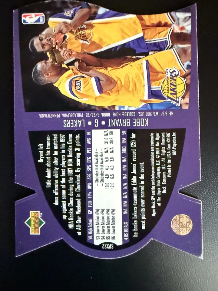 1996-97 Upper Deck SPx KOBE BRYANT DIECUT Rookie RC SP #SPX22 Lakers HOF - Image 2 of 2