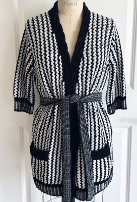 18P CHANEL BLACK WHITE BELTED  CARDIGAN SWEATER 40