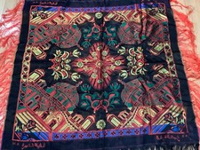 Vintage Taj Mahal Silk Satin Piano Shawl Scarf 42 X 32 Plus Fringe Multicolor