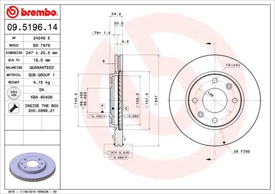 Disque de frein 09.5196.11 BREMBO : fin des bruits de freinage pour PEUGEOT CITROËN