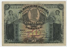 Spain España 50 Pesetas 15-7-1907 Pick 63 VF Circulated Banknote Republic