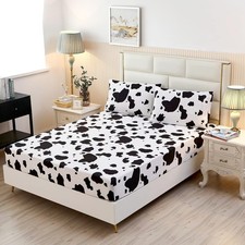 3PCS Milk Cow Print Stuff Bedding Fitted Sheet Set Full Size, Cartoon Cow Pat...