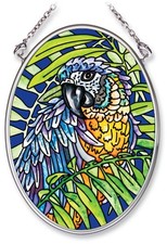 AMIA Blue and Gold Macaw Hand Painted Small Oval Glass Suncatcher