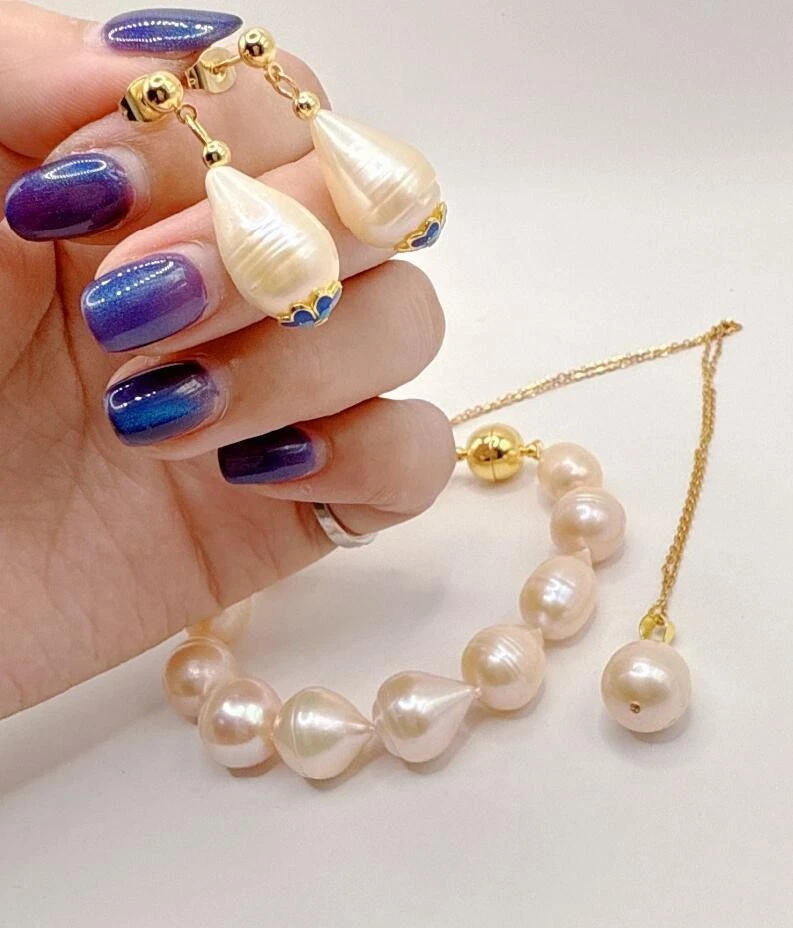 AAA + натуральный южного моря розовый жемчуг браслет серьги ожерелье комплект 14K застежка (xp) - Изображение 3 из 4