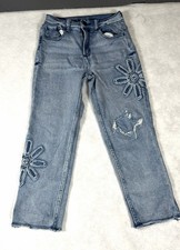 Justice Girls Size 12 Jeans Light Wash Flower Embroidery Distressed Deni