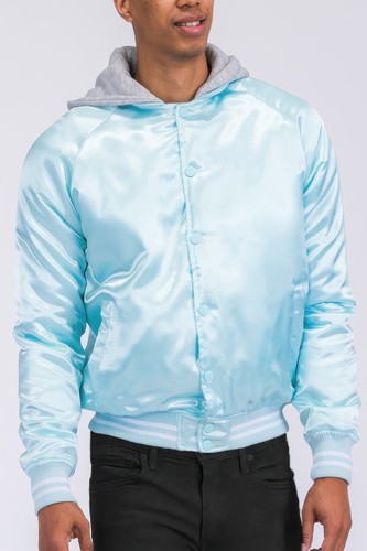 Mens Satin Hooded Varsity Bomber Jacket Casual Letterman Snap Waterproof Jacket - Picture 15 of 21