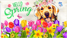 Hello Spring Cute Dog Flag 3X5 Ft Tulip Flower Flag House Flag Seasonal Holiday