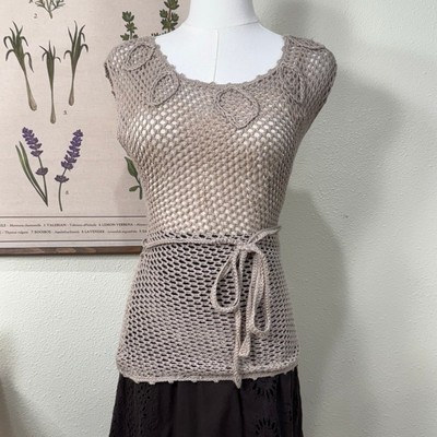 Vintage 90s Y2k Open Knit Belted Tunic Sweater Fairy Grunge Mori