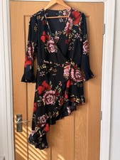 PrettyLittleThing Black Floral Frill Wrap Tea Dress - Size 12