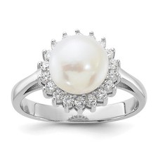Sterling Silver 8-9mm Freshwater Cultured Pearl and Cubic Zirconia Ring Size 7