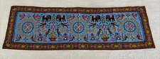 Embroidered Blue Linen Table Runner Elephants Mirrors Birds Boho 130 cm x 43 cm