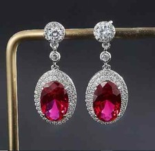 3Ct Oval Cut Lab-Created Red Ruby Halo Drop Dangle Earring 14K White Gold Plated