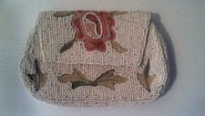 Vintage Cream Color Beaded Snap Clutch Purse W/ Hand Strap  Mirrow Inside