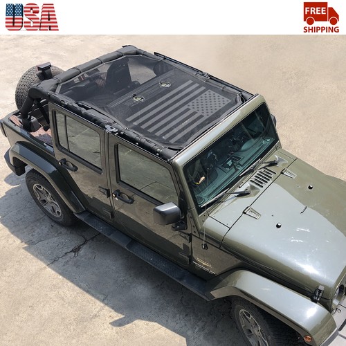 For Jeep Wrangler JK 2007-2017 4Door USA Flag Roof Top Sunshade Mesh Shade Cover - Picture 10 of 13