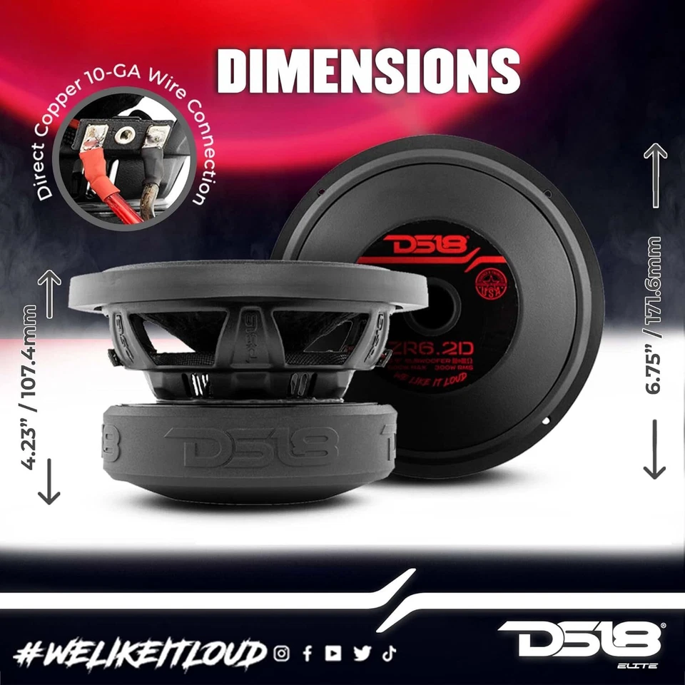 Subwoofer de audio para automóvil DS18 ZR6.2D 6.5" 600 W máximo 300 W RMS 2+2 ohmios - 1 altavoz Foto 3 de 4