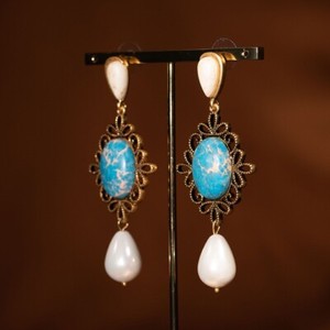 Authentic Turquoise Color Mother Of Pearl Long Drop Stud Earrings Gold Plated Jewelry