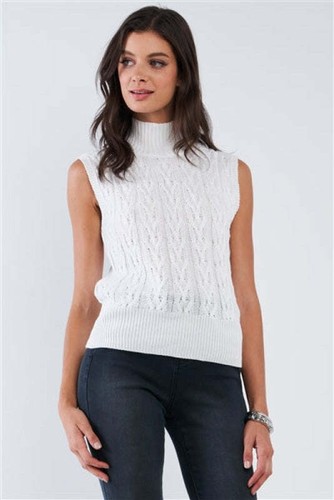 White Cable Knit Sleeveless Turtleneck 