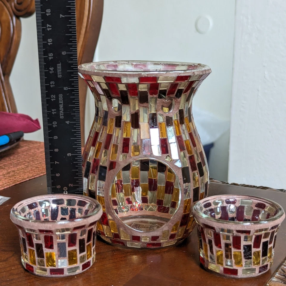 Yankee Candle Mosiac rectángulos quemador de tarta en rojos, marrones y dorados 3 piezas Foto 4 de 4