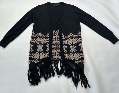 Fringe Cardigan Sweater Black Tribal Taupe Women's Sz M