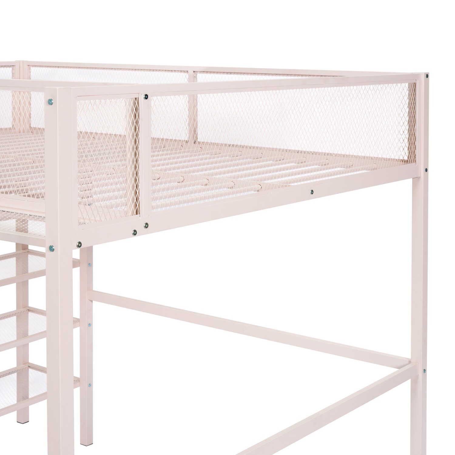 Full Size Loft Bed Metal Bed Frame w/ 4-Tier Shelves & Storage Pink/Black