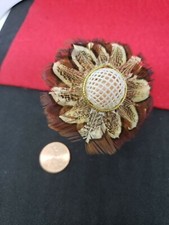 DOLLHOUSE MINIATURE FANCY HAT white  brown feather Sunday garden hat gold trim