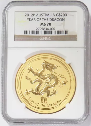 2012 GOLD AUSTRALIA 2ozs $200 LUNAR YEAR OF THE DRAGON COIN NGC MS 70