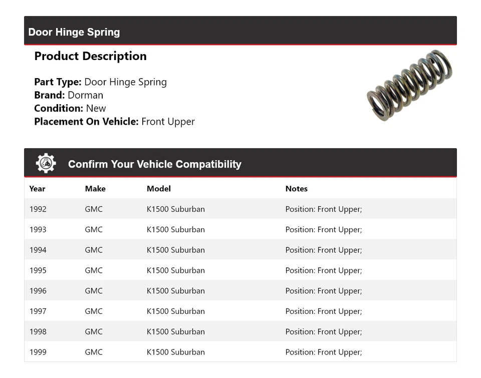 Bisagra de puerta para GMC K1500 1992-1999 Suburban Dorman resorte delantero superior 1993 1994 Foto 2 de 4