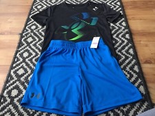 Boys Under Armour short sleeve black tee and blue shorts outfit size 5 or 6 NWT 