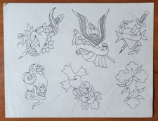 Vintage Traditional 1970's Tattoo Flash Production Sheet, USA, Eagle, Skull