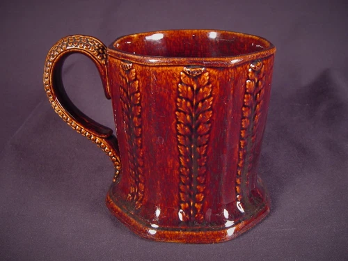 RARE LARGE ANTIQUE 1800s MUG 8 SIDED FERN PATTERN ROCKINGHAM YELLOW WARE MINT