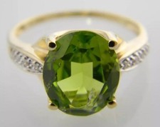 14KT or Jaune Véritable Ovale Vert Paridot W/Anneau Fiançailles Diamant 12mm