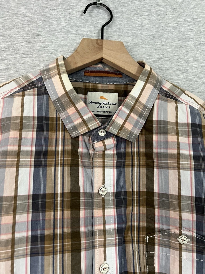 Camisa Tommy Bahama Para Hombres Extra Grande Azul Marrón Tartán Cuadros Informal Seersucker XL Foto 4 de 4