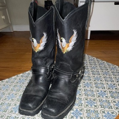 Motorcycle Biker Harness Leather Black Eagle Embroidery Steel Square Toe Boots