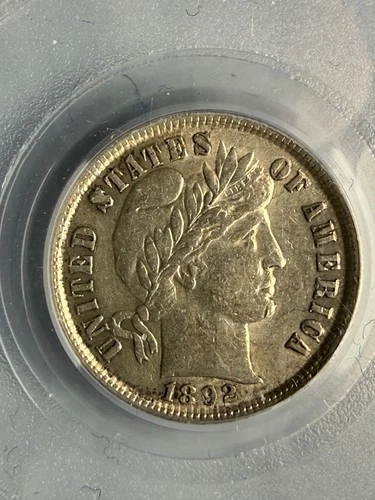 1892 10c Silver Barber Dime PCGS AU53 - Super First Year Type Details Luster