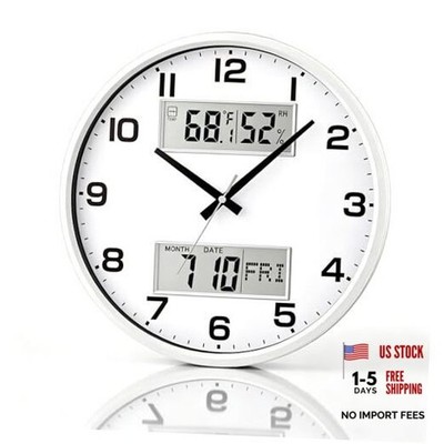 13'' Battery Powered Silent Wall Clock with Calendar Temperature 13 Inch White