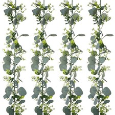 4 Pack Artificial Eucalyptus Garland with White Flowers, Faux Greenery Garlan...