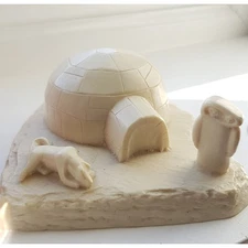 Vintage Boma Cream Pearlite Resin Inuit Mother and Baby , Husky Dog and Igloo 