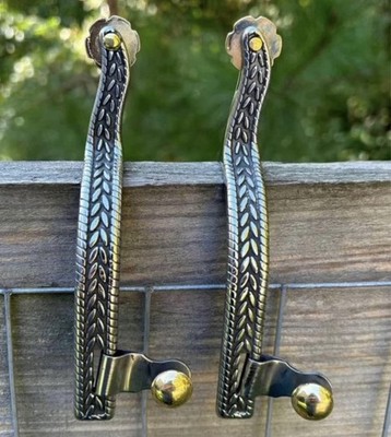 Pair Ladies Stainless Steel Western Spurs Engraved Design Brass Rowels