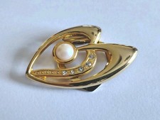 Vintage Tuchhalter Schalclip Brosche Strass Perle Abstraktes Herz Gold Ton 