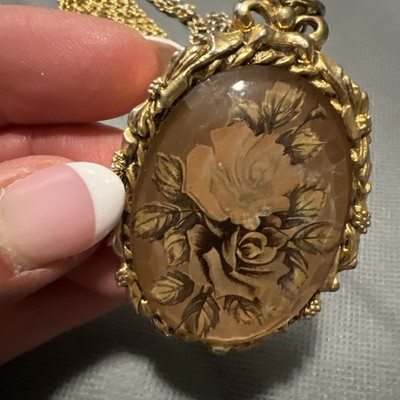 Max Factor Vintage Solid Perfume Locket Gold Tone with Cameo Rose Necklace